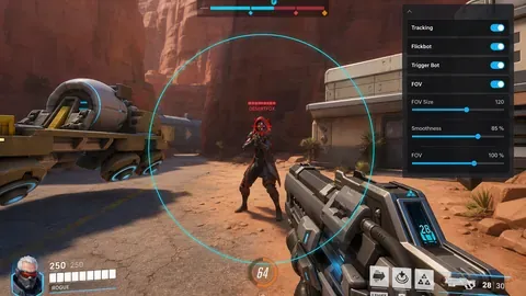 Overwatch 2 aimbot menu with tracking, flickbot, trigger bot, and FOV sliders open in-game.