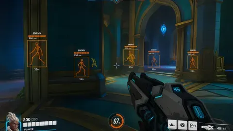 Overwatch 2 player ESP showing enemy skeleton outlines, health bars, and distance labels.