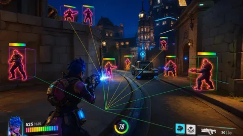 Overwatch 2 wallhack view with enemy silhouettes, 3D boxes, and snap lines through walls.